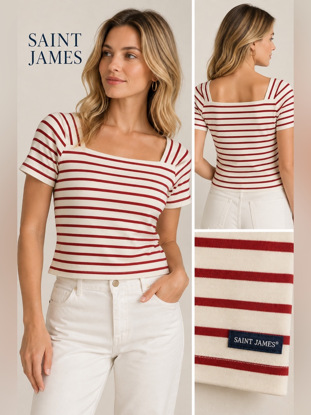 Saint James Made in France Red & Ivory Striped Square Neck Top US 6